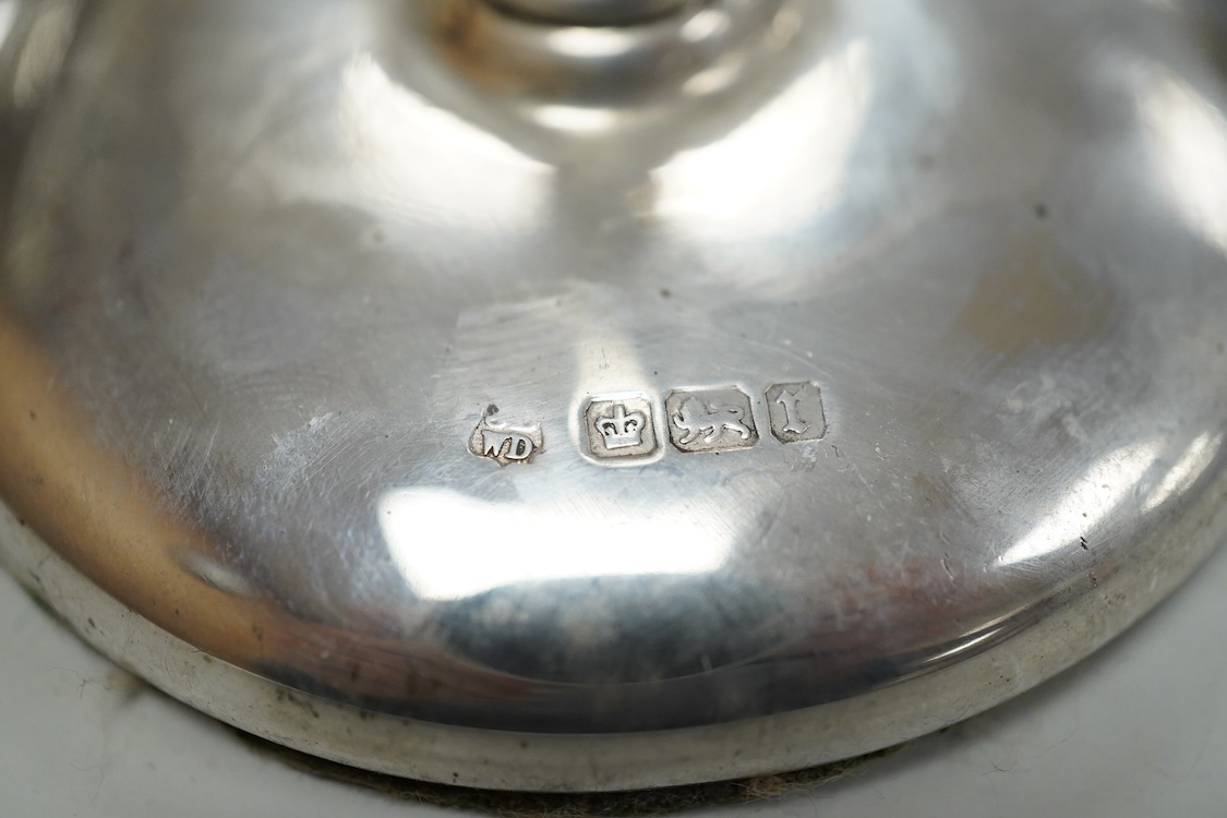 A silver mounted square inkwell by Mappin & Webb, marks rubbed, base 15.1cm, together with an Edwardian silver tulip vase, Sheffield, 1909, weighted